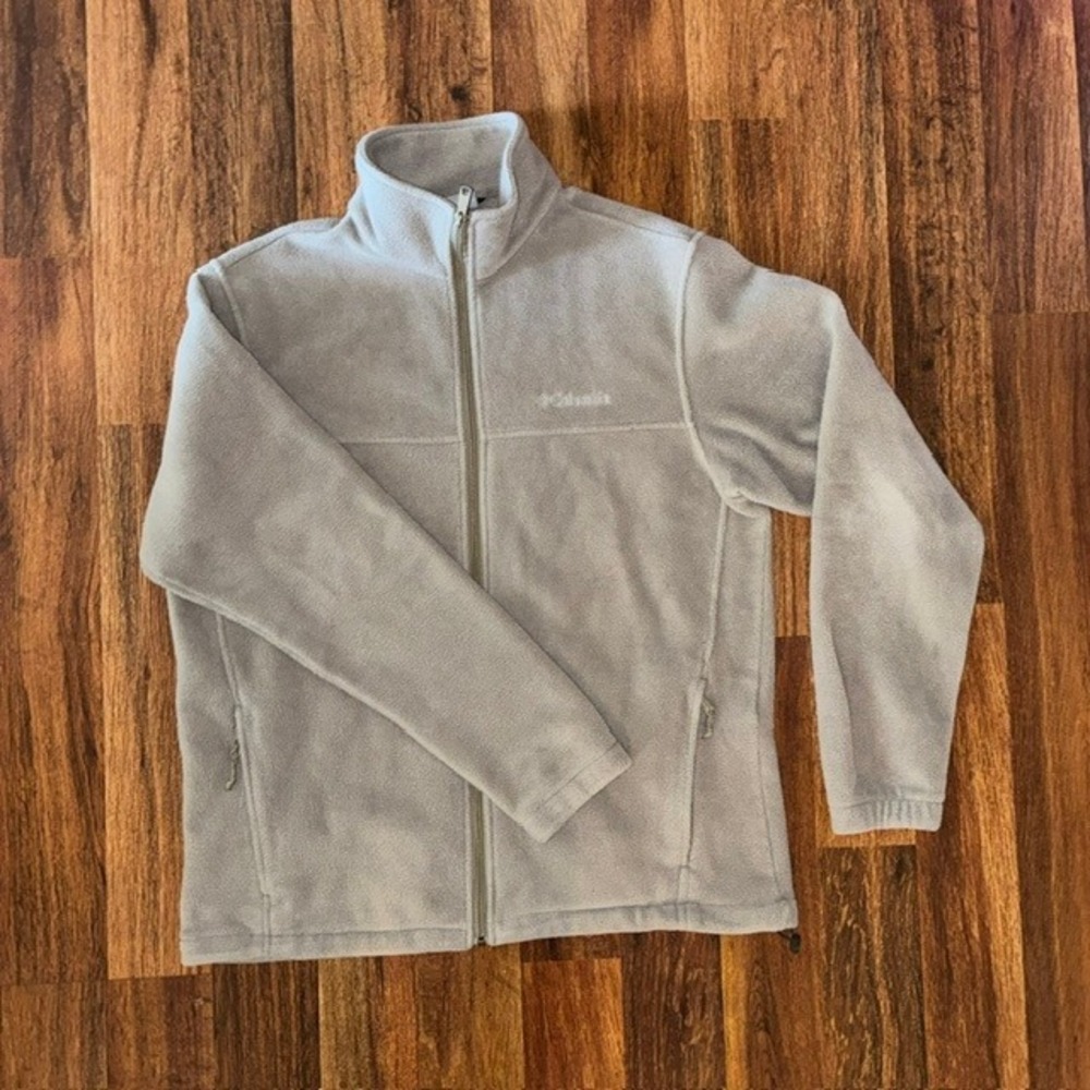 Columbia Mens Fleece Jacket Large Tan Khaki Full Zip Mock Neck Outdoor Coat